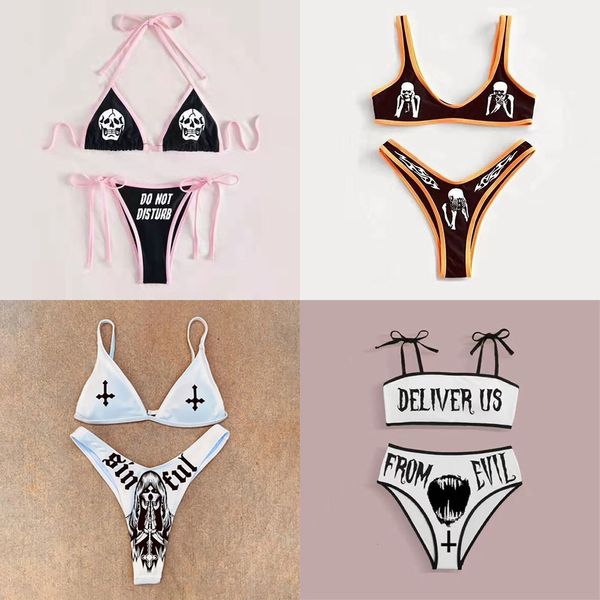 Kadın Mayo Punk Gotik Harfler Baskı Bikinis Set Seksi Bikini 2023 Kadın Kafatası Deseni Vneck Moda Mayo Banyo Takımını 230420