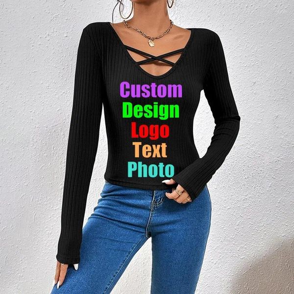 Camisetas T Women Dress 2023 Estilo Europeu Slima de decote em V Mangas compridas Leve uma camiseta na parte inferior da jaqueta logotipo personalizado