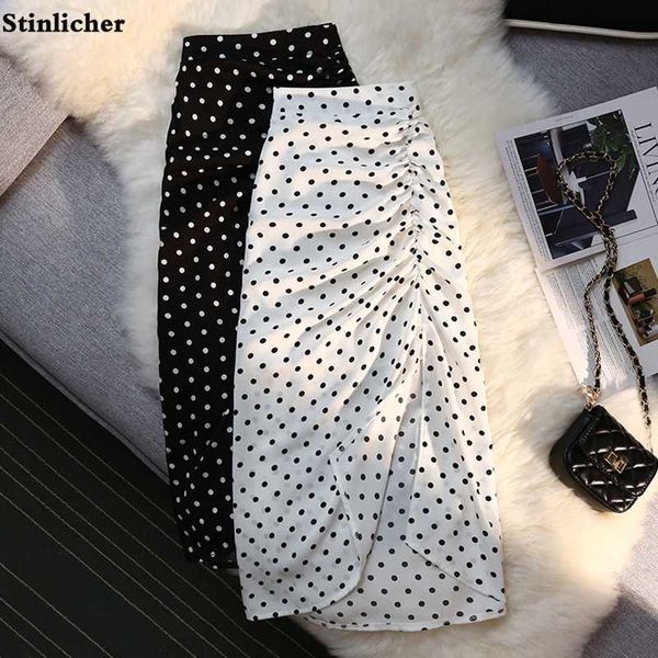 Röcke Herbst Winter lange Röcke Frauen elastische hohe Taille Kordelzug Split Polka Dot Rock Damenmode Shirring Bodycon Bleistiftrock P230420