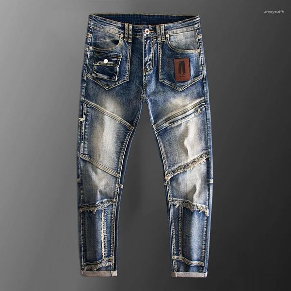 Jeans da uomo Locomotiva di qualità Splicing Design con cerniera Elastico da uomo Jean Pantaloni stile Hip Hop personalizzati per Pantalon Vaqueros Hombre