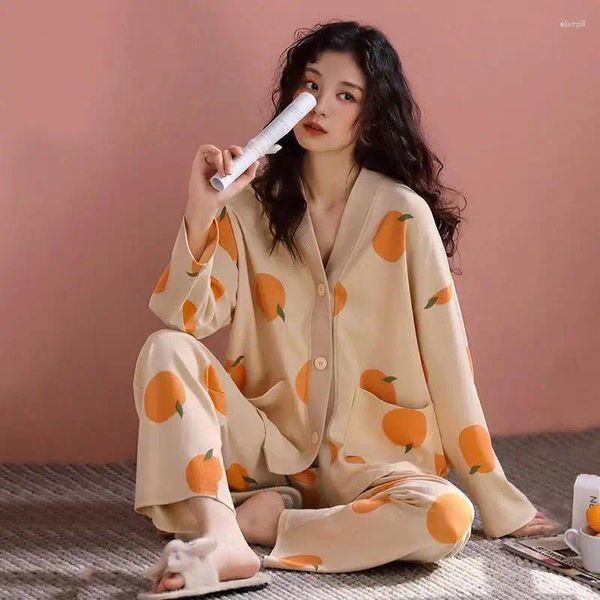 Kadınlar için Pure Pamuk Pijamaları Kadınlar için Bahar Sonbahar Uzun Kollu Hırka Giyim Set Seti Kadın 2 Parça Pantolon Setleri Nightgown Fants