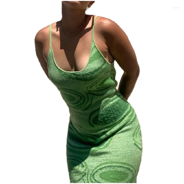 Abiti casual 2023 Stampa Abito aderente in maglia Donna Verde Estate Scava fuori Sexy senza maniche Cinturino per spaghetti Spiaggia Midi Party Lungo