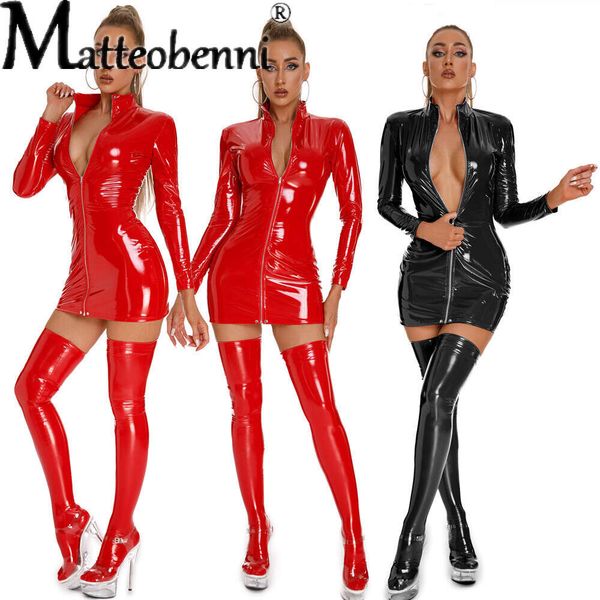 Langarm PU Leder Mit Strümpfe Weiblichen Body Frauen Hohe Elastische Catsuit Sexy Latex Dessous Erotische Rote Kleid