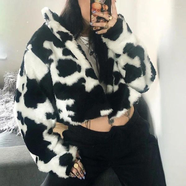 Kadın Ceketleri 2023 Punk Stil Gotik Mahsul Katlar Kadın Sonbahar Kış Kış Sivil Kürk Sıcak Hardigan Moda Süt İnek Baskı Sokak Giyim Parkas