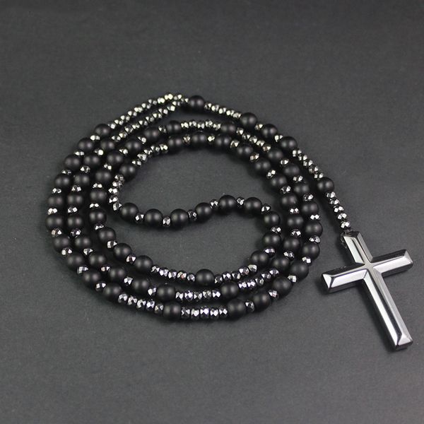 Fili Stringhe Arriveal Perline di pietra nera opaca con perline di ematite affrontate Collana con pendente a croce Gioielli da uomo Rosaray NSN013 230419