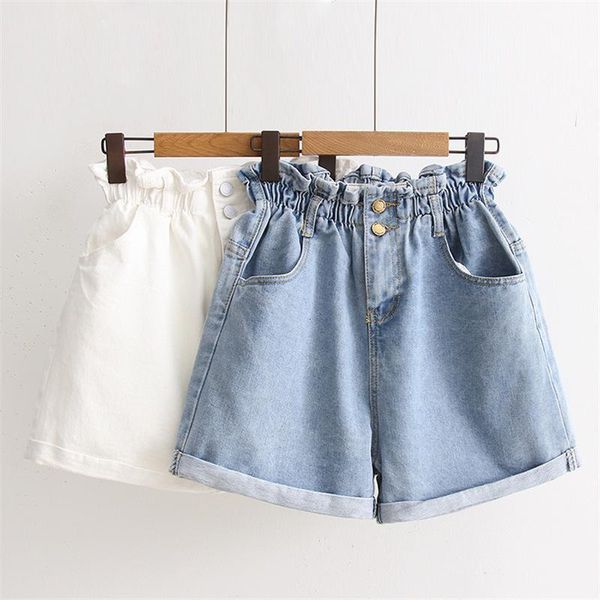 Shorts femininos de verão alta cintura jeans shorts femininos casuais folhas soltas moda rolo up bainha cintura elástica bolso de jeans azul fêmea 230420