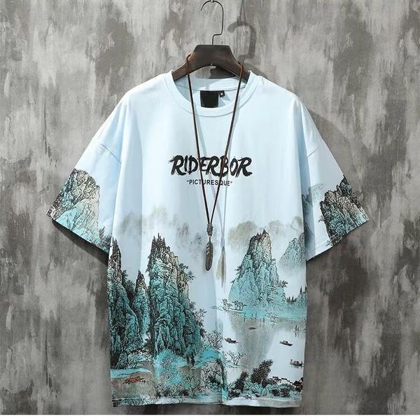 Men s T Shirts National landscape printing T shirt men s summer loose trend Chinese style couples half sleeved Harajuku Hip Hop clothing 230420