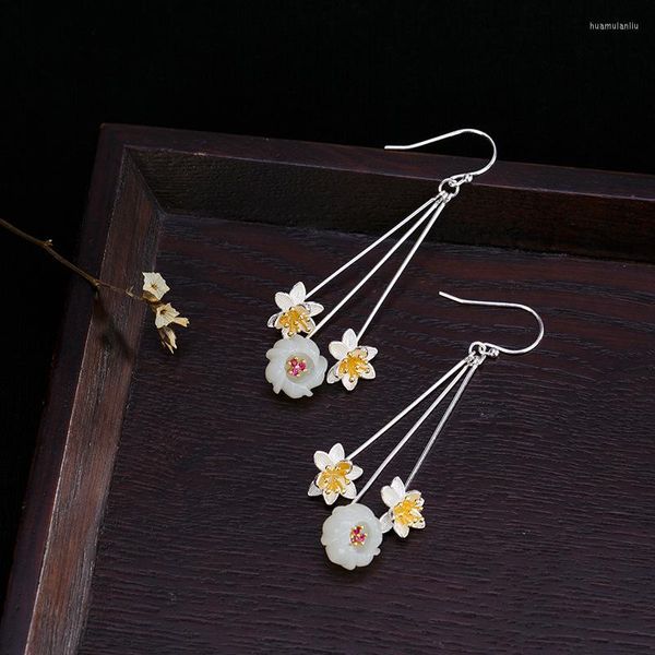 Dangle Küpeler Beyaz Yeşim Çiçek Tılsım Tılsımlar Gerçek Takı Kadınlar 925 Gümüş Taş Chalcedony Çin Doğal Vintage Muska