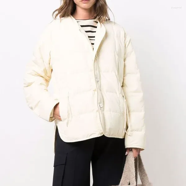 Casacos de Trench Femininos 2023 Outono e Inverno Mulheres Retro Redondo Pescoço Curto Manga Longa Cintura Cinto Único Breasted Pato Branco Down Jacket