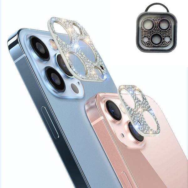 Lente de câmera de metal diamante protetor de vidro temperado brilhante brilhante colorido resistente a arranhões para iphone 14 13 12 mini 11 pro max com