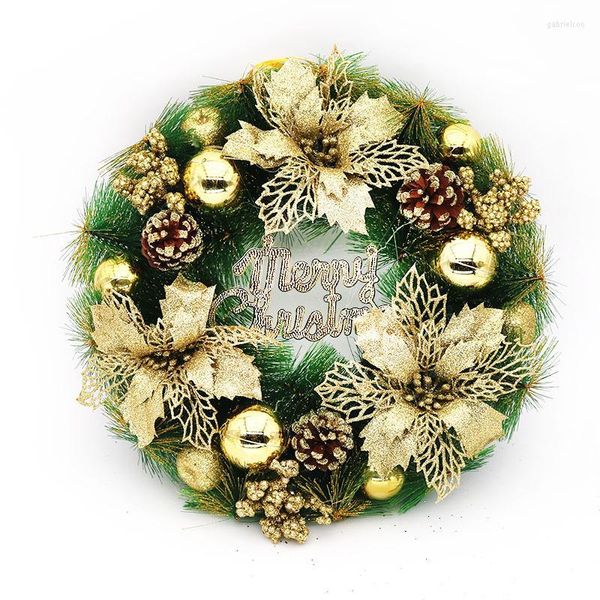 Dekorative Blumen, goldener Weihnachtskranz, Tür, hängende Ornamente, künstliche Girlande, fröhliche Dekoration, Zuhause, Kiefernnadeln