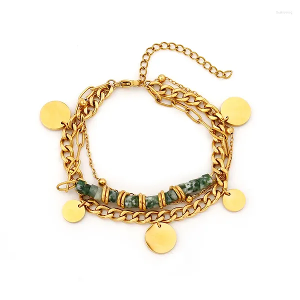 Braccialetti a maglie Badu Bracciale multistrato fatto a mano in acciaio inossidabile verde pietra naturale per donna Regalo di Natale di gioielli con ciondoli placcati oro 14 carati