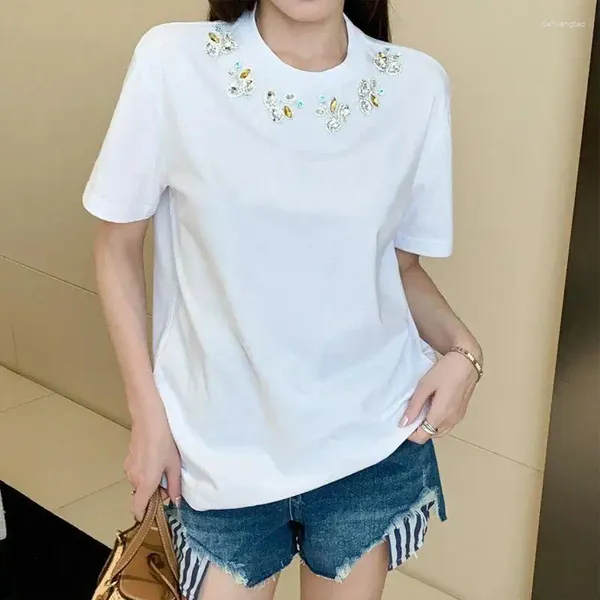 Camiseta feminina luxo miçangas strass o-pescoço branco grande marca magro o colarinho senhoras de manga curta moda coreana casual 2023 verão