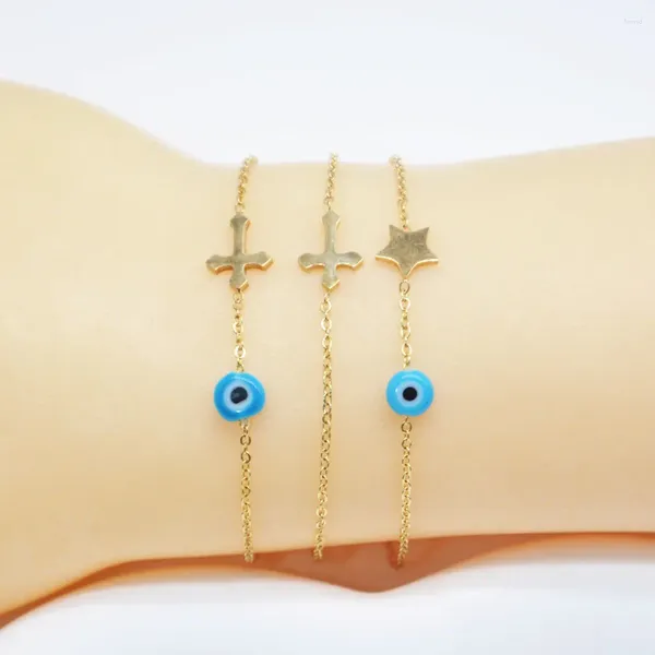 Link pulseiras olho do diabo pulseira para mulheres homens com aço inoxidável banhado a ouro cruz estrela guardião da boa sorte moda jóias presente
