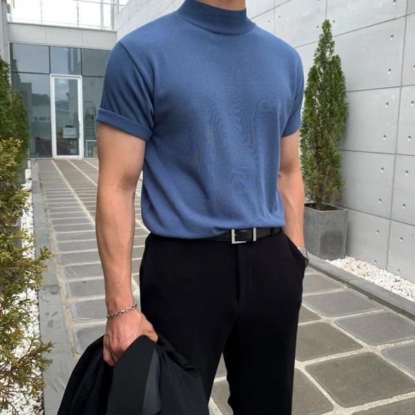Мужские футболки 2023, летняя трикотажная футболка с коротким рукавом, футболка с высоким воротником, тонкий пуловер, круглые однотонные вязаные рубашки в Корейском стиле