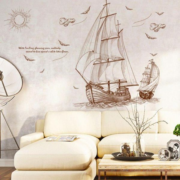 Wandaufkleber Ruhiges Segelboot Landschaft Aufkleber Cartoon Piratenschiff PVC Abnehmbarer Kunstwandaufkleber DIY Raum Wohnkultur