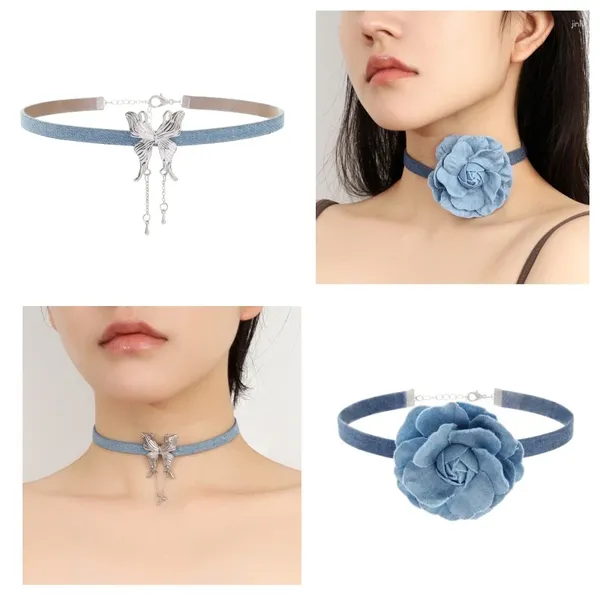 Ожерелья с подвесками, модное колье-чокер с цветком синей розы, удобный воротник для женщин и девочек, элегантная бахрома с бабочкой, Прямая поставка