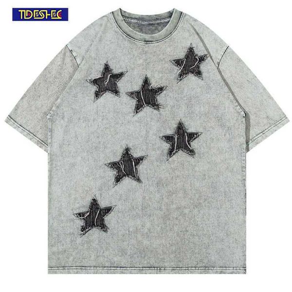 T-shirt da uomo Vintage da donna 2023 Streetwear Tshirt Harajuku Punk Goic Hip Hop Ricamo Star Patch Lavato Tee Shirts Moda Top allentato