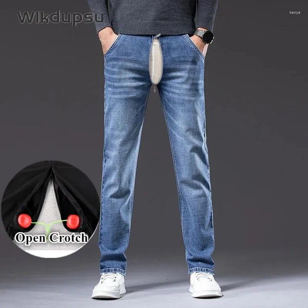 Мужские джинсы, мужские эластичные классические брюки с открытой промежностью и молнией, уличная сексуальная одежда, модные повседневные джинсовые мужские брюки
