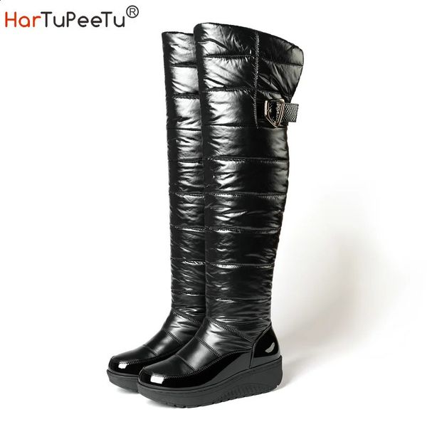 Stiefel Damen Schneestiefel Winter Schwarz Overknee Booties Warme wasserdichte Stoffpolsterung Baumwolle Keile Dicke Plüsch Plateauschuhe 231118