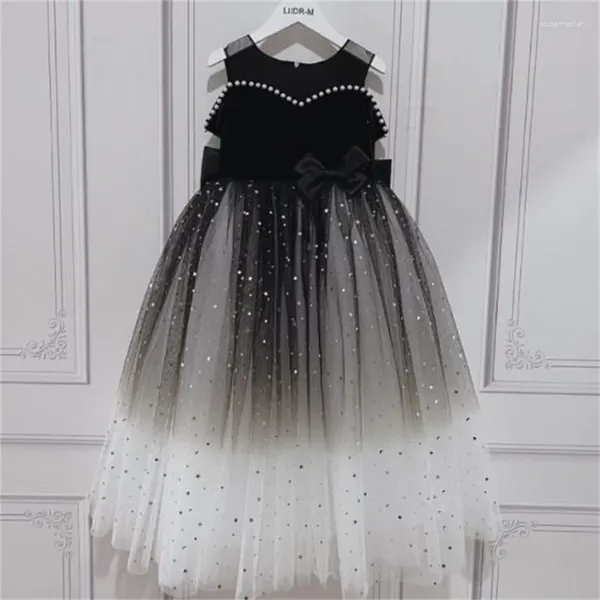 Платья для девочек, удлиненное детское платье, платье принцессы, черный бархат, одно плечо, звезда из бисера