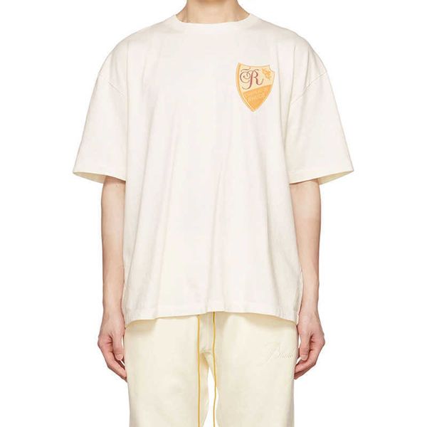 Tasarımcı Moda Giyim Tees Hip hop Tişörtleri Rhude Yeni Sarı Rozet Yaz Gevşek Çift Yarım Kollu Saf Pamuklu Erkek Kısa Kollu T-shirt Trend Gevşek Streetwear