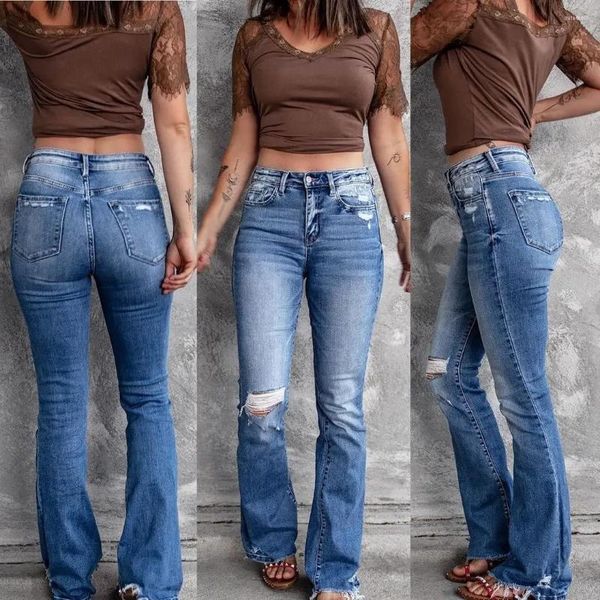 Jeans femininos streetwear calças retas rasgadas de cintura alta bootcut senhoras soltas perna larga para mulher