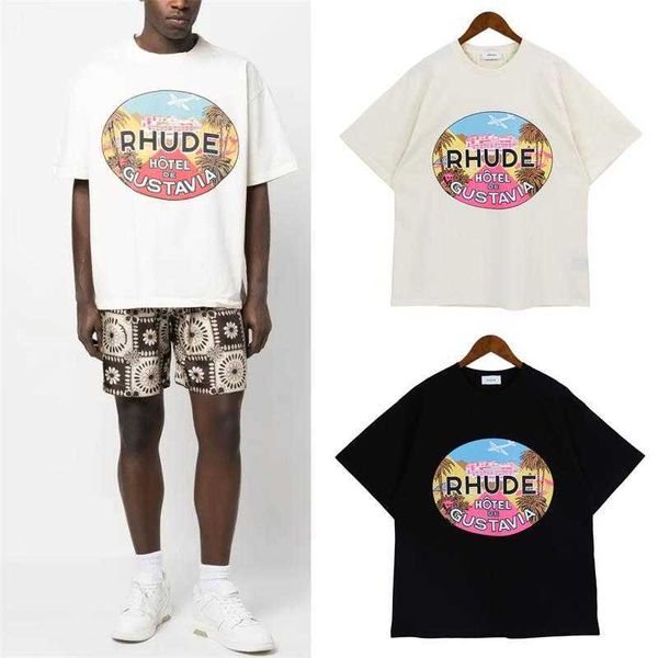 Designer de roupas de moda Tees Hip hop TShirts Rhude 23ss Primavera verão Nova Meia Manga Masculina Tendência Americana Marca Grande Anime Caricatura Carta Impressão Emoção