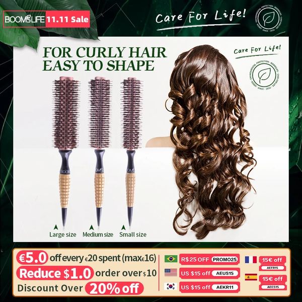 Escovas de cabelo redondo barril cerdas de javali escova de cabelo mulheres soprando curling estilo pente de cabelo anti estático rolo escova de cabelo profissional pentes de madeira 231120