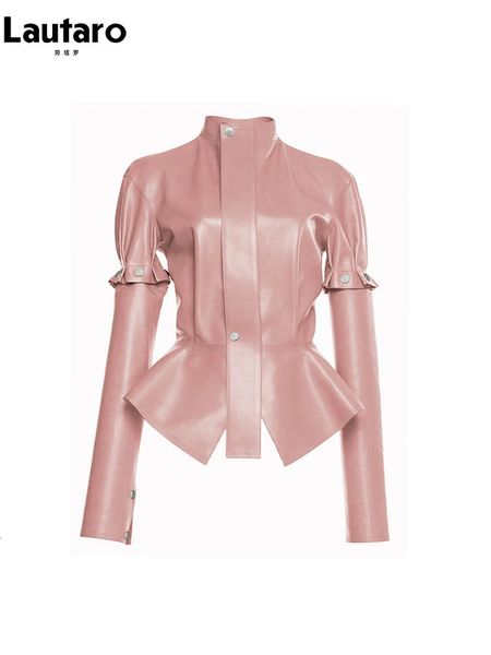 Giacca da donna in pelle sintetica Lautaro Primavera Autunno Corta elegante chic rosa lucida riflettente in vernice Pu Giacca da donna con maniche lunghe staccabili 2023 231120