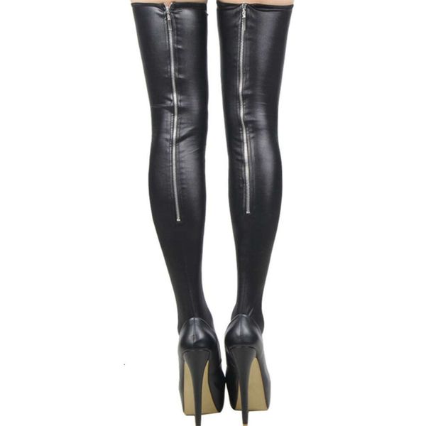 Sexy Wetlook Zipper Leg Wear Donna Clubwear Calze in lattice PVC Costumi fetish in ecopelle Bodystocking erotico caldo