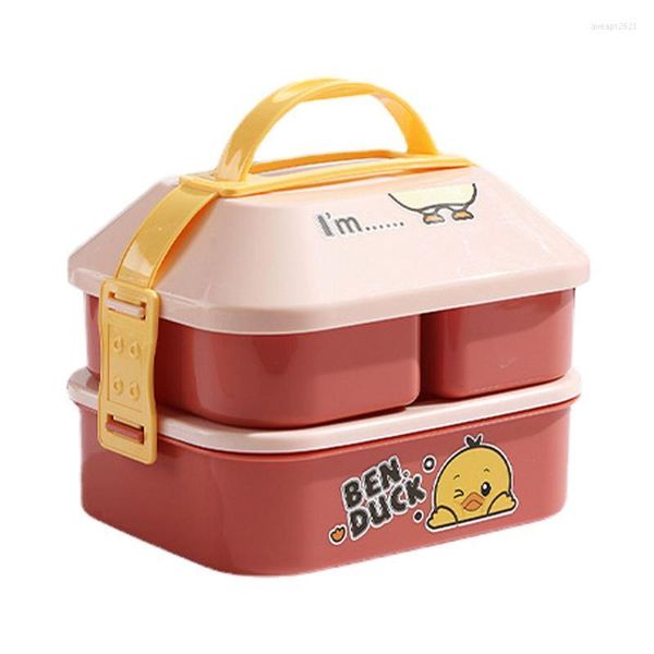 Set di stoviglie Cartoon Cute Lunch Box School Kids Portable Microwavable Storage Container a tenuta stagna 2 strati Divide Bento Cucchiaio Forchetta