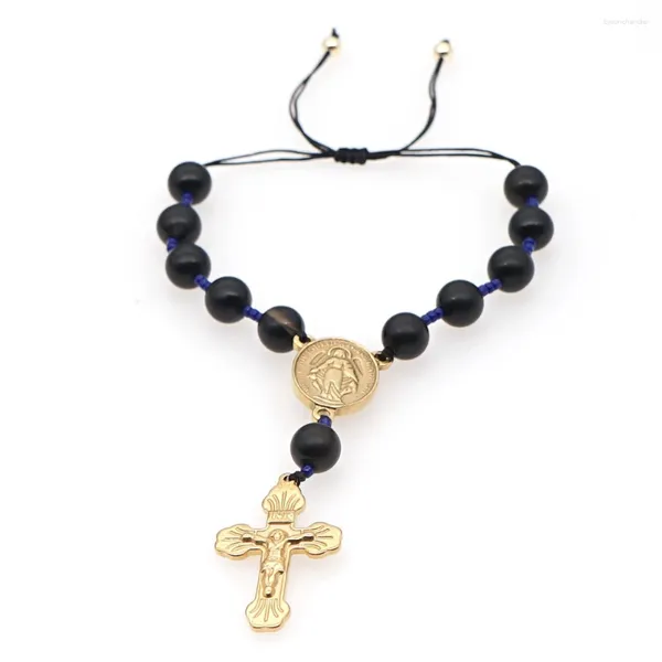 Braccialetti con ciondoli Goboho Bracciale con croce di Cristo per uomo Gioielli di preghiera placcati in oro Pietra naturale regolabile Pulsera Onice nero