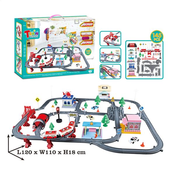 Play Mats DIY Montar Railcar Toy Conjunto de construção alimentado por bateria com pista de corrida elétrica leve para presentes infantis 231118