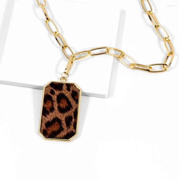 Catene alla moda vintage hip-hop lega geometrica rettangolo in pelle stampa leopardo ciondolo collana girocollo per gioielli di moda da donna