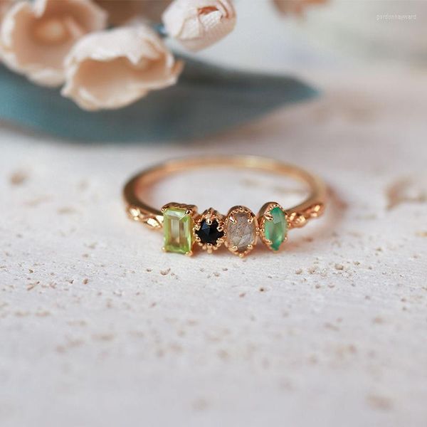 Cluster Rings Japanese Agete With The Same Paragraph Natural Peridot Labradorite Black Agate Green Chalcedony Multi-color Treasure Small