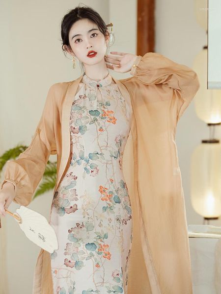 Новые повседневные платья, весенне-летний женский ретро-сексуальный принт с подвесным воротником, Cheongsam, солнцезащитный кардиган 2024, модный, современный, элегантный