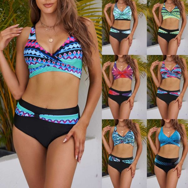 Costumi da bagno a vita alta a costine in due pezzi Beach Wear monospalla patchwork bikini sexy costumi da bagno fitness donna AA230419