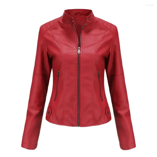 Jaquetas femininas com gola abotoada, elegante, couro sintético, motociclista, slim fit, casaco à prova de vento com bolsos, zíper