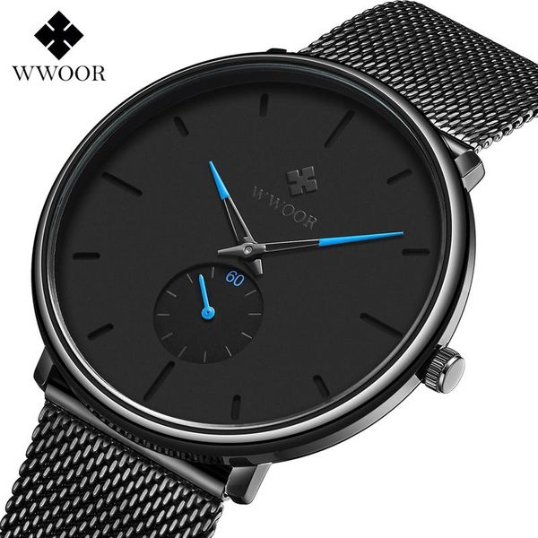 Нарученные часы Wwoor Fashion Watch для мужчин Top Slim Mesh Steel Quartz Sport Водонепроницаемые запястья Relogio Masculino