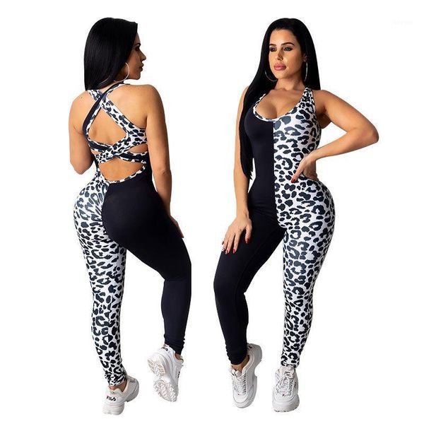 Tute da donna Pagliaccetti Tuta lunga sexy senza schienale Patchwork Stampa leopardata Pagliaccetto Salopette senza spalline Donna One Piece Bodycon Party Club