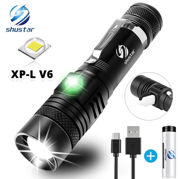 Andere Hausgarten Ultrahelle LED-Taschenlampe mit XP L V6-Lampenperlen Wasserdichte Taschenlampe Zoombar 4 Beleuchtungsmodi Multifunktions-USB-Aufladung 230419