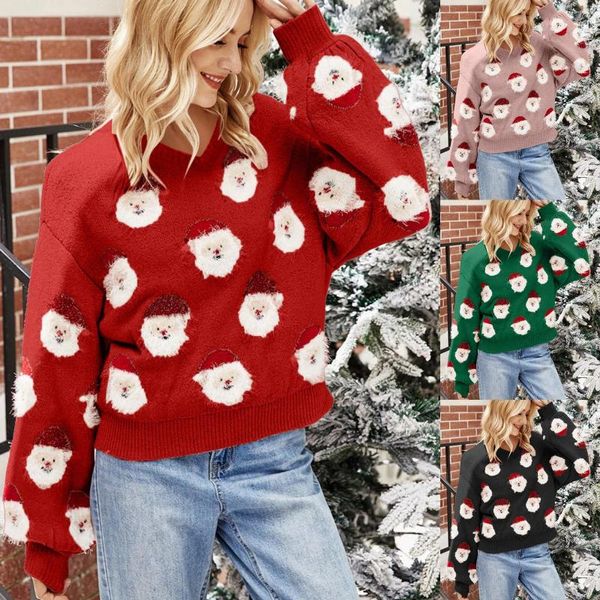 Maglioni da donna Top casual natalizi per pullover a maniche lunghe da donna Simpatico modello Babbo Natale sfocato girocollo ampio