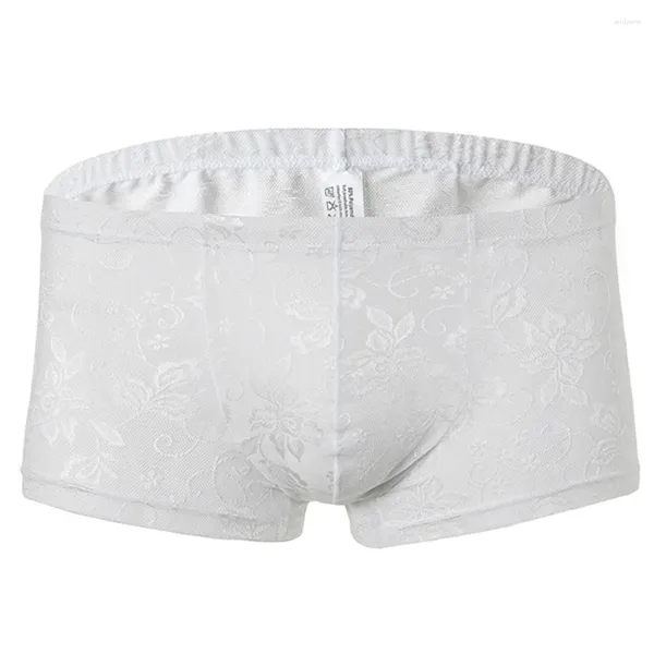 Cuecas sexy mens rendas jacquard respirável boxer briefs transparente cintura média sissy bolsa gay lingerie erótica