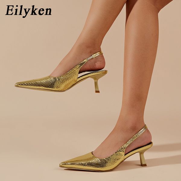 Elbise ayakkabıları Eilyken altın gümüş ince alçak topuklu kadınlar pompalar moda gladyatör sandaletler slingbacks parti sivri uçlu ayak balo ayakkabıları 230419