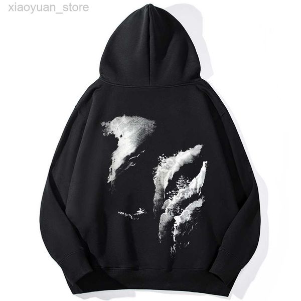 Herren Hoodies Sweatshirts Übergroßer Hoodie Männer 2023 Lässige Chinesische Tuschemalerei Langarm Pullover Verdicktes Sweatshirt Schwarz Japanische Streetwear