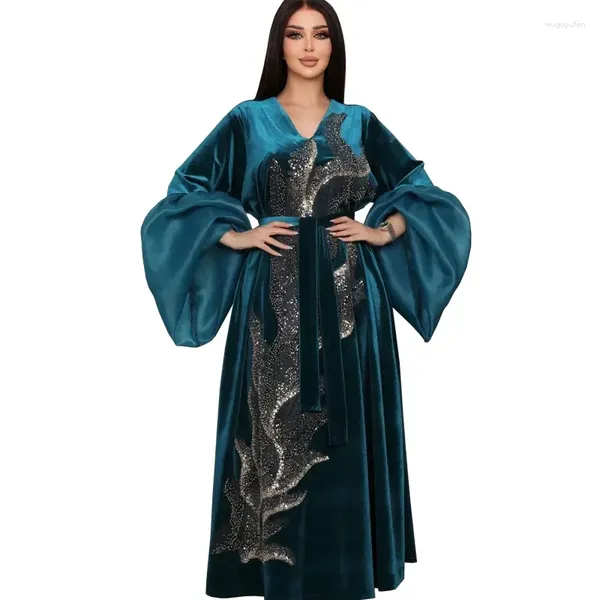 Roupas étnicas Abayas para Mulheres Outono Moda Muçulmana Manga Longa V-Pescoço Preto Azul Abaya Dubai Vestido S-2XL