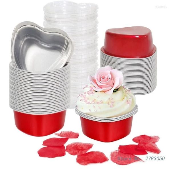 Pişirme kalıpları 50pcs/set alüminyum folyo kek tavası kalp şeklindeki cupcake fincan kapaklar ile anneler günü düğün doğum günü için