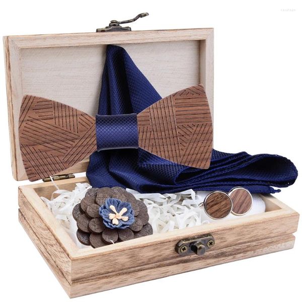 Fliegen 2023 männer Plaid Holz Krawatte Set Gestreifte Holz Bowtie Tasche Quadrat Manschettenknöpfe Booch Sets Mit Box Für Männer hochzeit Geschenke