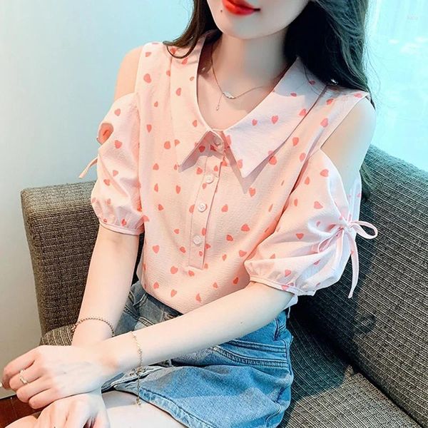 Vrouwen Blouses 2023 Zomer Koreaanse Polka Dot Print Uit De Schouder Chiffon Shirt Fashion Casual Kantoor Dame Vrouwen